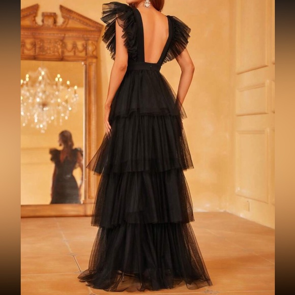Luxe Sheer Mesh Ruffle Plunge Neck Evening Party Formal Dress Black - Picture 6 of 6
